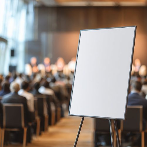 board, presentation, blank, conference, audience, seminar, business, event, meeting, indoors, education, lecture, speaker, stand, tripod, canvas, white, blurred, group, professional, classroom
